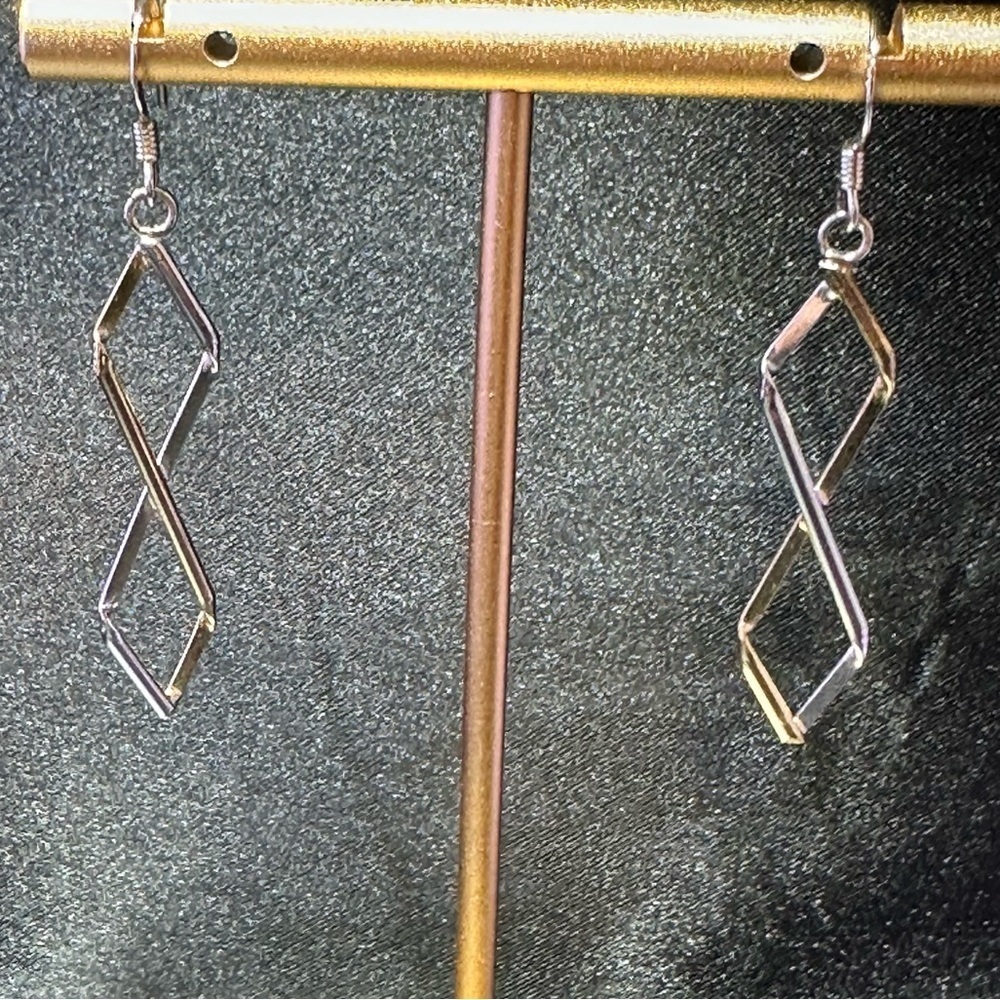 Two Tone Silver Crossover Dangle Earrings